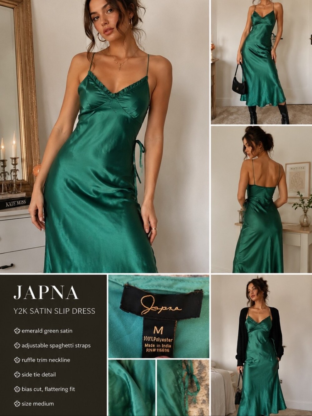 JAPNA Y2K Emerald Satin Slip Dress with Delicate Straps - Picture 2 of 2